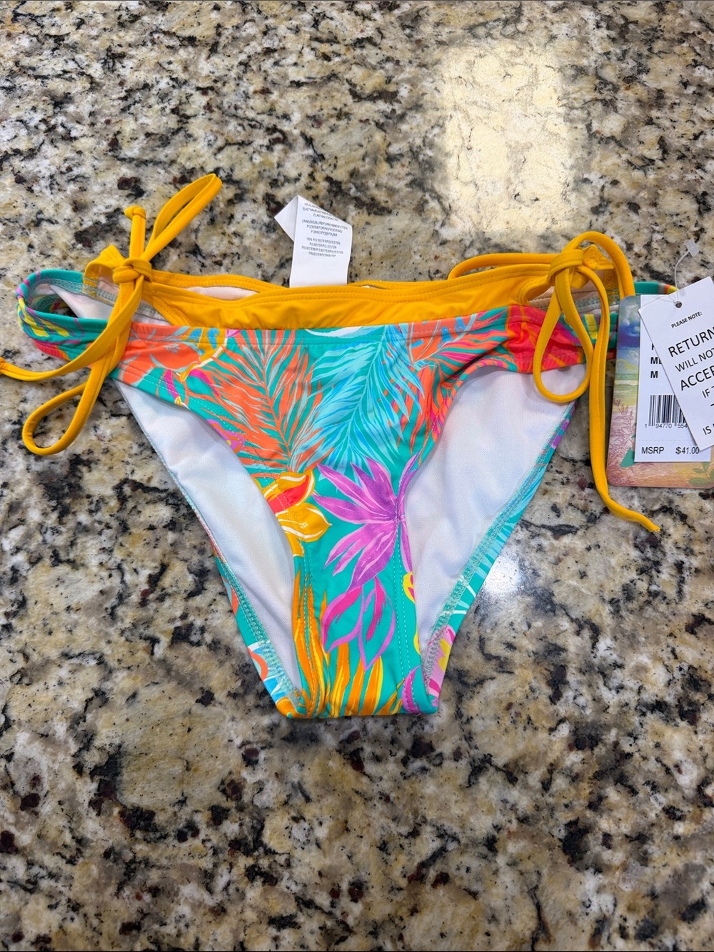 Hobie Teal Tropical Floral Tie-Side Bikini Bottoms with Yellow Trim